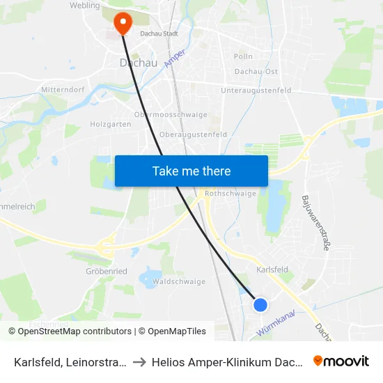 Karlsfeld, Leinorstraße to Helios Amper-Klinikum Dachau map