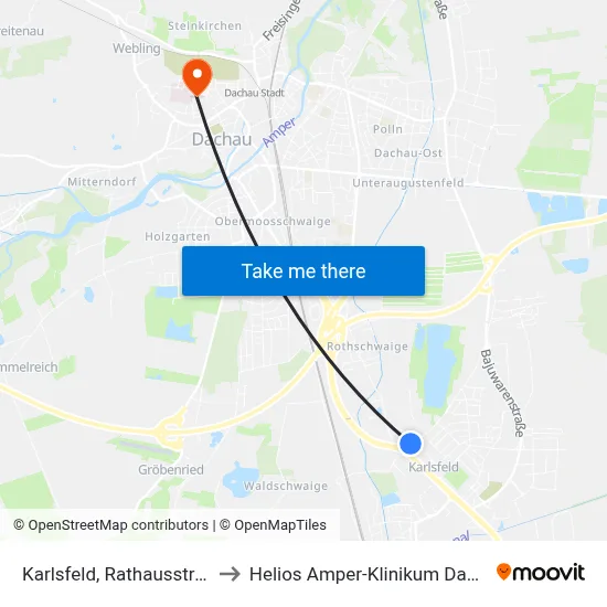 Karlsfeld, Rathausstraße to Helios Amper-Klinikum Dachau map