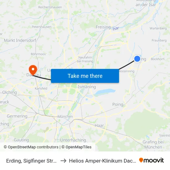 Erding, Siglfinger Straße to Helios Amper-Klinikum Dachau map