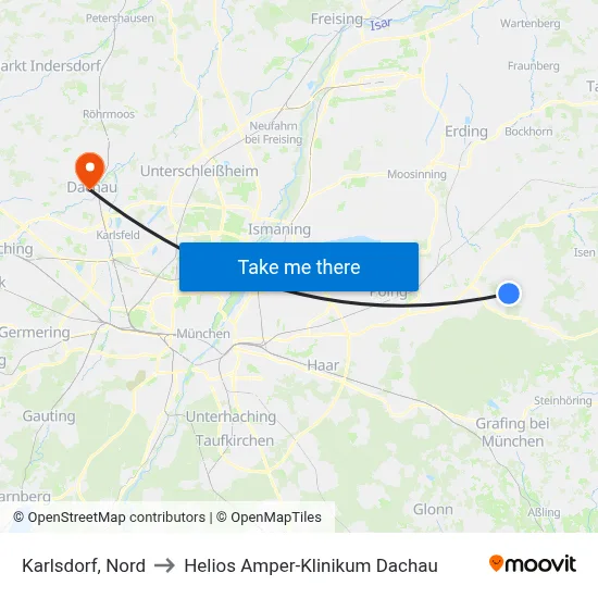 Karlsdorf, Nord to Helios Amper-Klinikum Dachau map