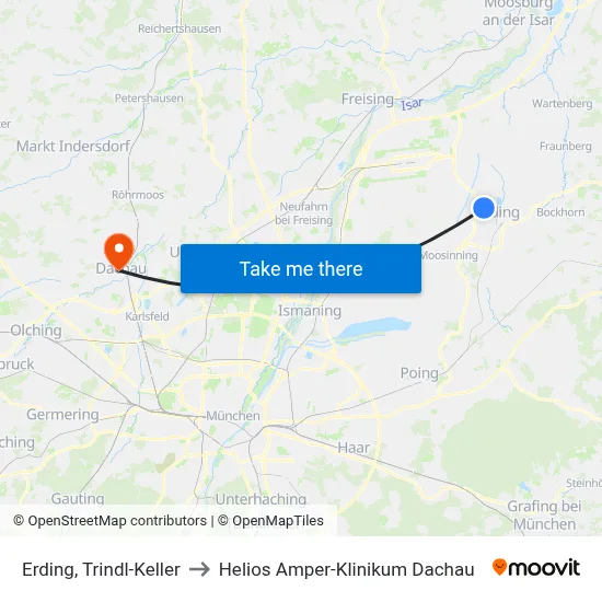 Erding, Trindl-Keller to Helios Amper-Klinikum Dachau map