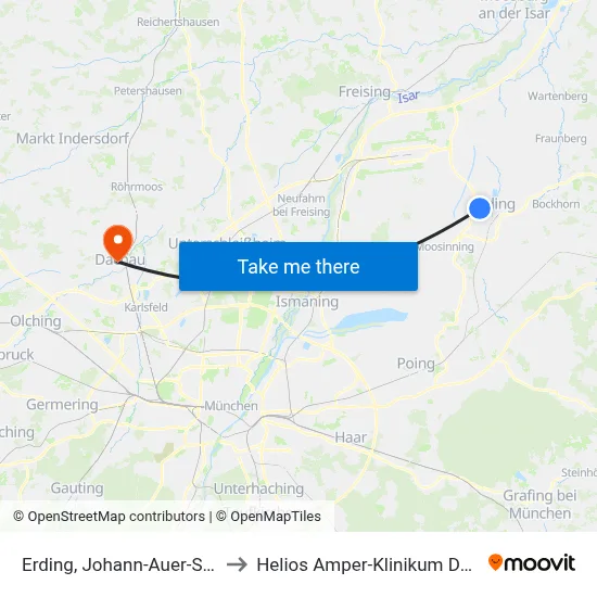 Erding, Johann-Auer-Straße to Helios Amper-Klinikum Dachau map