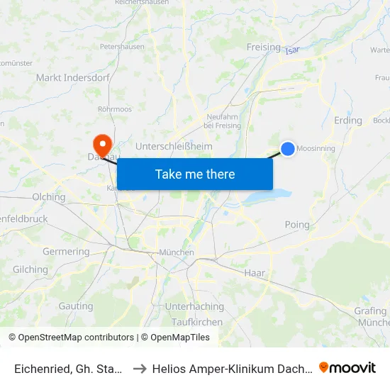 Eichenried, Gh. Stangl to Helios Amper-Klinikum Dachau map