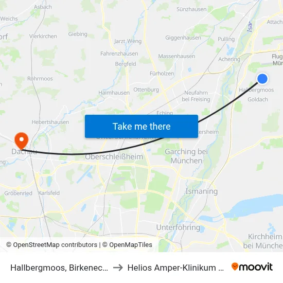 Hallbergmoos, Birkenecker Str. to Helios Amper-Klinikum Dachau map