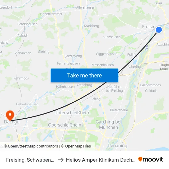 Freising, Schwabenau to Helios Amper-Klinikum Dachau map
