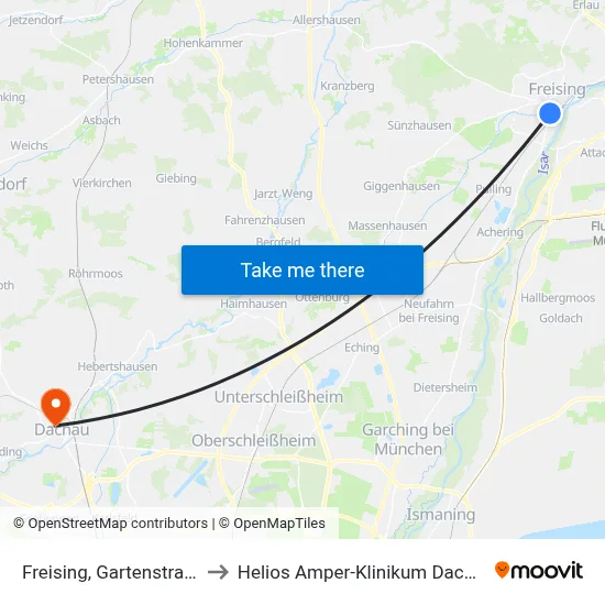 Freising, Gartenstraße to Helios Amper-Klinikum Dachau map