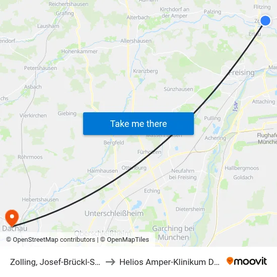 Zolling, Josef-Brückl-Straße to Helios Amper-Klinikum Dachau map