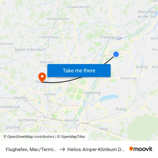 Flughafen, Mac/Terminal 1 to Helios Amper-Klinikum Dachau map
