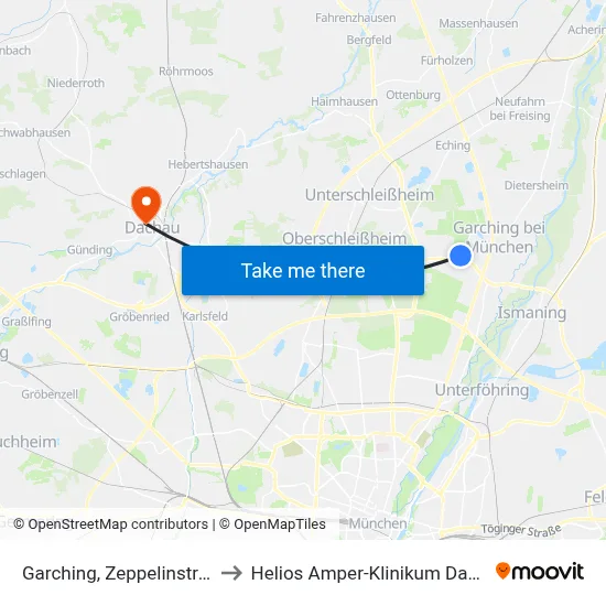 Garching, Zeppelinstraße to Helios Amper-Klinikum Dachau map