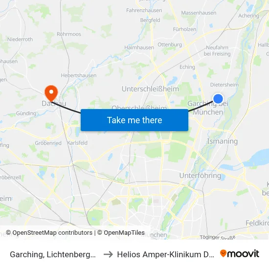 Garching, Lichtenbergstraße to Helios Amper-Klinikum Dachau map