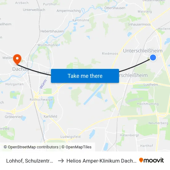 Lohhof, Schulzentrum to Helios Amper-Klinikum Dachau map