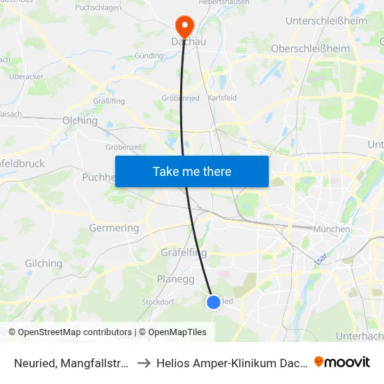 Neuried, Mangfallstraße to Helios Amper-Klinikum Dachau map