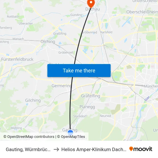 Gauting, Würmbrücke to Helios Amper-Klinikum Dachau map