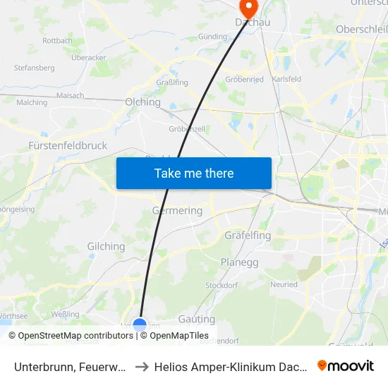 Unterbrunn, Feuerwehr to Helios Amper-Klinikum Dachau map