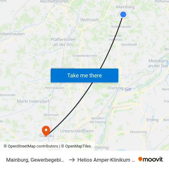 Mainburg, Gewerbegebiet Auhof to Helios Amper-Klinikum Dachau map