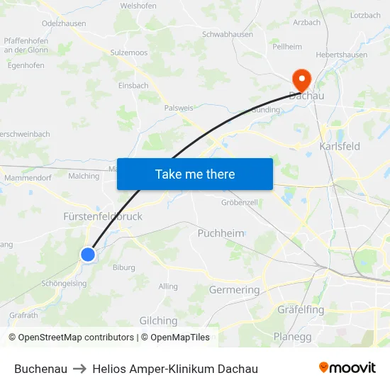 Buchenau to Helios Amper-Klinikum Dachau map