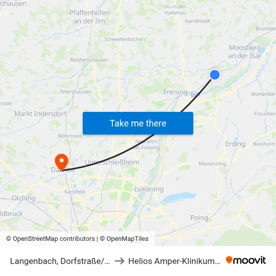 Langenbach, Dorfstraße/Bahnhof to Helios Amper-Klinikum Dachau map
