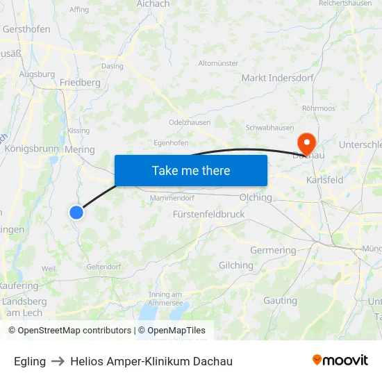 Egling to Helios Amper-Klinikum Dachau map