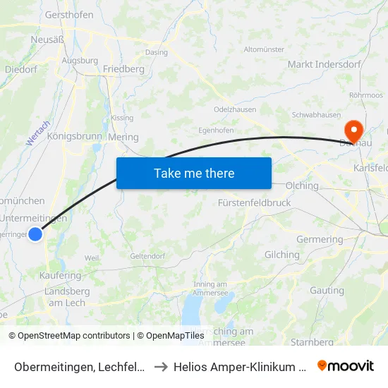 Obermeitingen, Lechfelder Str. to Helios Amper-Klinikum Dachau map