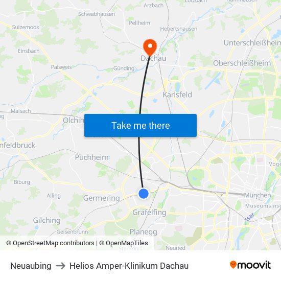 Neuaubing to Helios Amper-Klinikum Dachau map