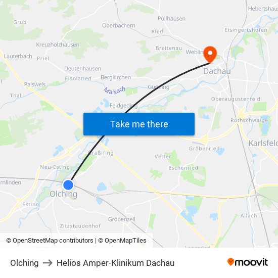 Olching to Helios Amper-Klinikum Dachau map