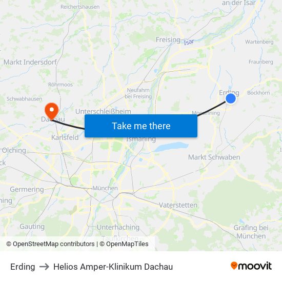 Erding to Helios Amper-Klinikum Dachau map