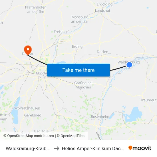 Waldkraiburg-Kraiburg to Helios Amper-Klinikum Dachau map