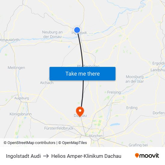 Ingolstadt Audi to Helios Amper-Klinikum Dachau map