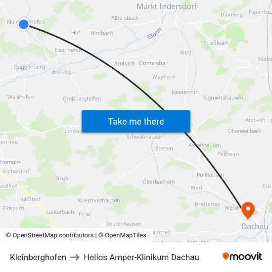 Kleinberghofen to Helios Amper-Klinikum Dachau map