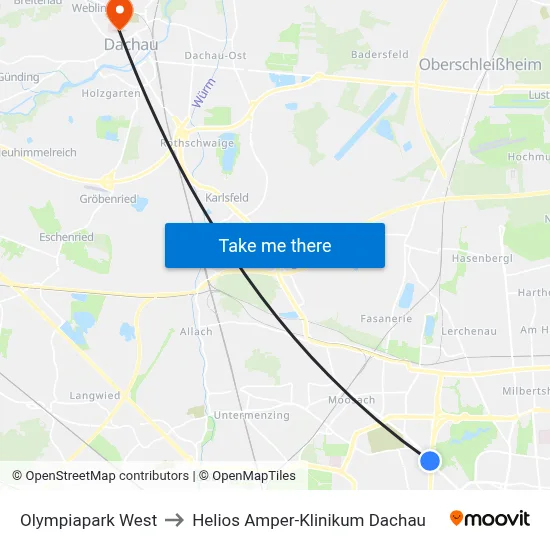 Olympiapark West to Helios Amper-Klinikum Dachau map