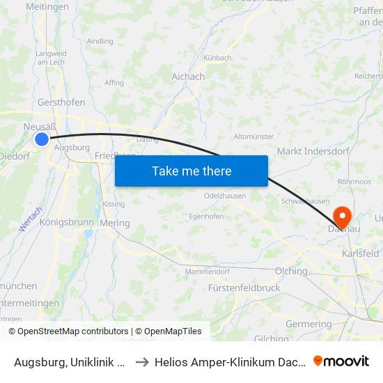 Augsburg, Uniklinik Bkh to Helios Amper-Klinikum Dachau map