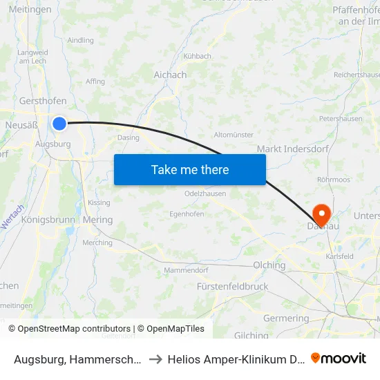 Augsburg, Hammerschmiede to Helios Amper-Klinikum Dachau map