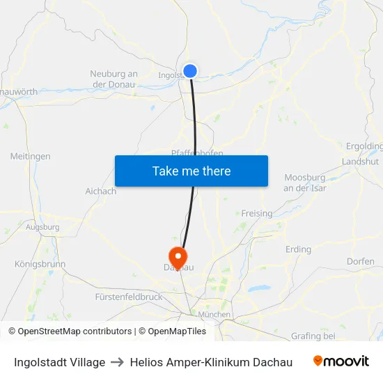 Ingolstadt Village to Helios Amper-Klinikum Dachau map