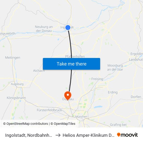 Ingolstadt, Nordbahnhof Ost to Helios Amper-Klinikum Dachau map