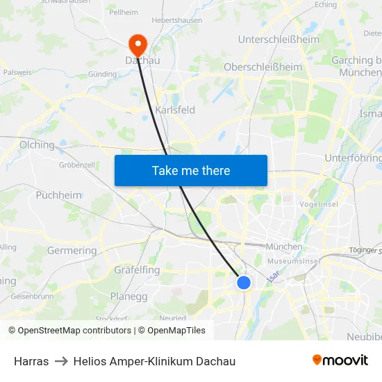 Harras to Helios Amper-Klinikum Dachau map