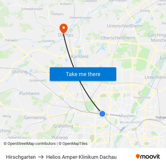 Hirschgarten to Helios Amper-Klinikum Dachau map
