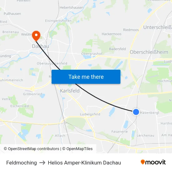 Feldmoching to Helios Amper-Klinikum Dachau map