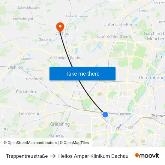 Trappentreustraße to Helios Amper-Klinikum Dachau map