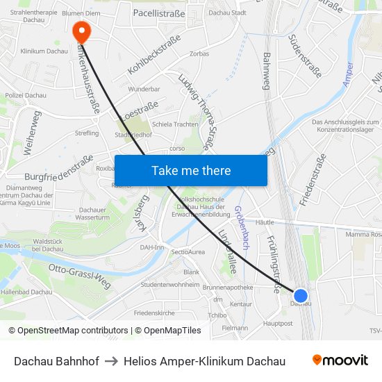 Dachau Bahnhof to Helios Amper-Klinikum Dachau map