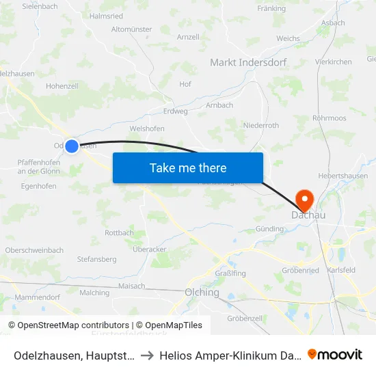 Odelzhausen, Hauptstraße to Helios Amper-Klinikum Dachau map
