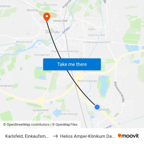 Karlsfeld, Einkaufsmärkte to Helios Amper-Klinikum Dachau map