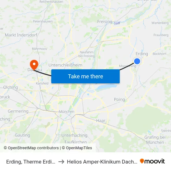Erding, Therme Erding to Helios Amper-Klinikum Dachau map