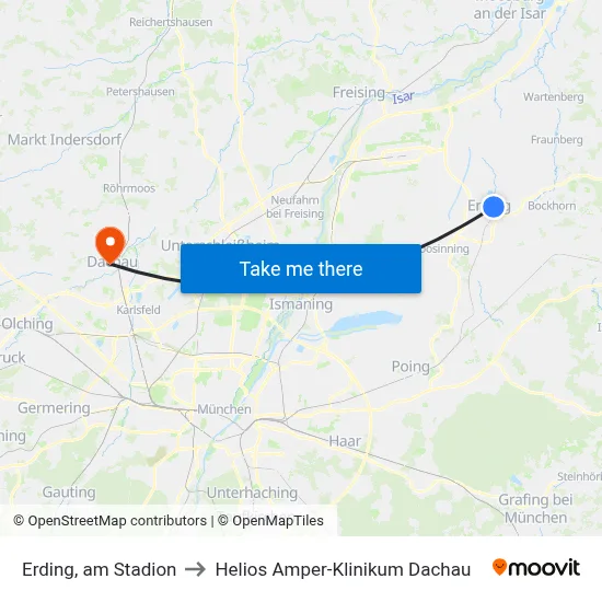 Erding, am Stadion to Helios Amper-Klinikum Dachau map