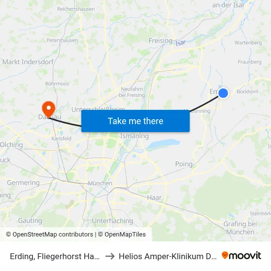Erding, Fliegerhorst Haupttor to Helios Amper-Klinikum Dachau map