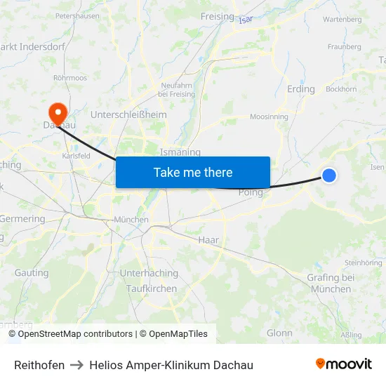 Reithofen to Helios Amper-Klinikum Dachau map