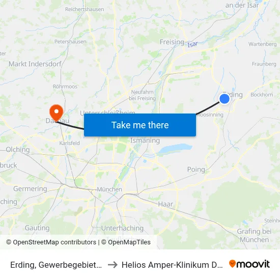 Erding, Gewerbegebiet West to Helios Amper-Klinikum Dachau map
