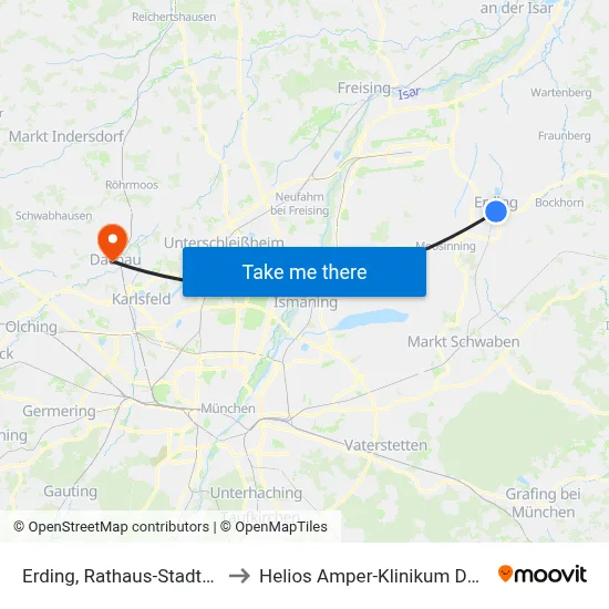 Erding, Rathaus-Stadtmitte to Helios Amper-Klinikum Dachau map