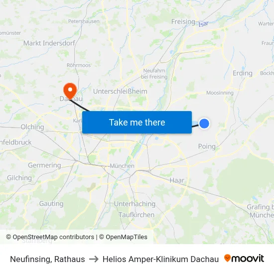Neufinsing, Rathaus to Helios Amper-Klinikum Dachau map