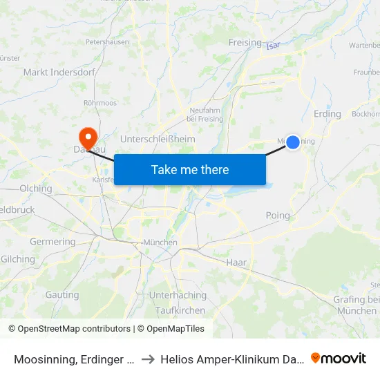 Moosinning, Erdinger Str.6 to Helios Amper-Klinikum Dachau map