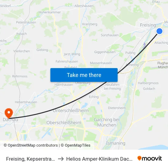 Freising, Kepserstraße to Helios Amper-Klinikum Dachau map